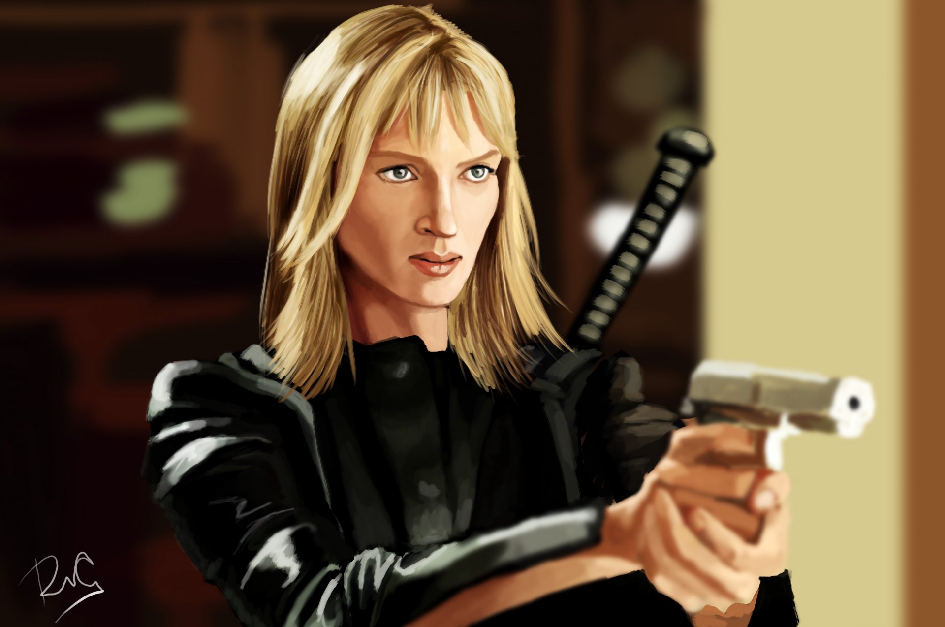 kill bill uma thurman rubia mamba negra arma pistola katana traje en negro arte figura