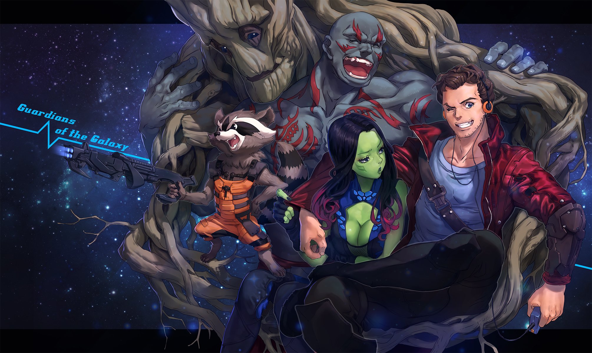 arte mhk ragazza gamora ragazzi drax destroyer groot peter quill rocket raccoon sorriso imbarazzo abbracci armi guardiani della galassia