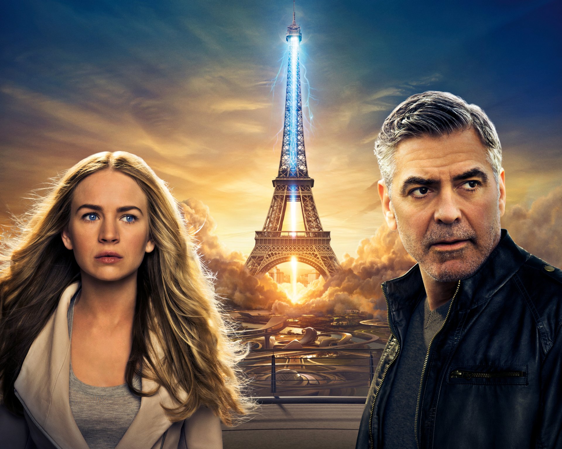 tomorrowland mañana tierra cine película 2015 año britt robertson casey newton george clooney franco walker walt disney pictures ciencia ficción fantasía casey newton y frank walker rubio pelo azul ojos joven chica viejo hombre trigo s