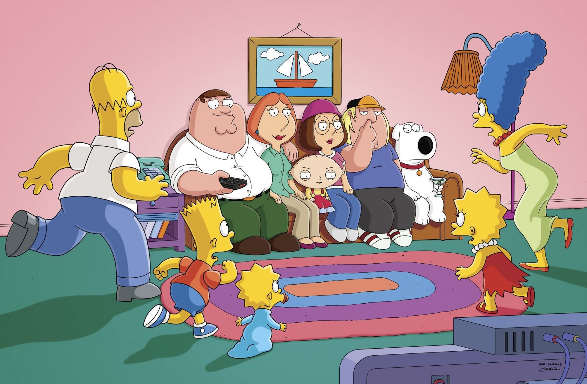 the simpsons family guy homer bart maggie lisa marge peter lois stewie meg chris brian animated series sofa pattern matt groening