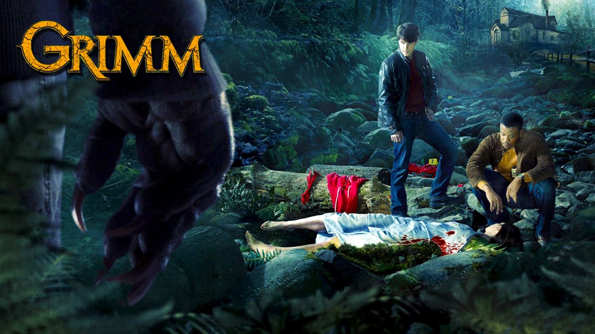 grimm série tv série monstre meurtre scène de crime enquêteur détective étude homme loup-garou maison forêt contes de terreur sang petit chaperon rouge icône police chasseur tueur de monstres arbres série télévisée tv russell hornsby hank griffin daw