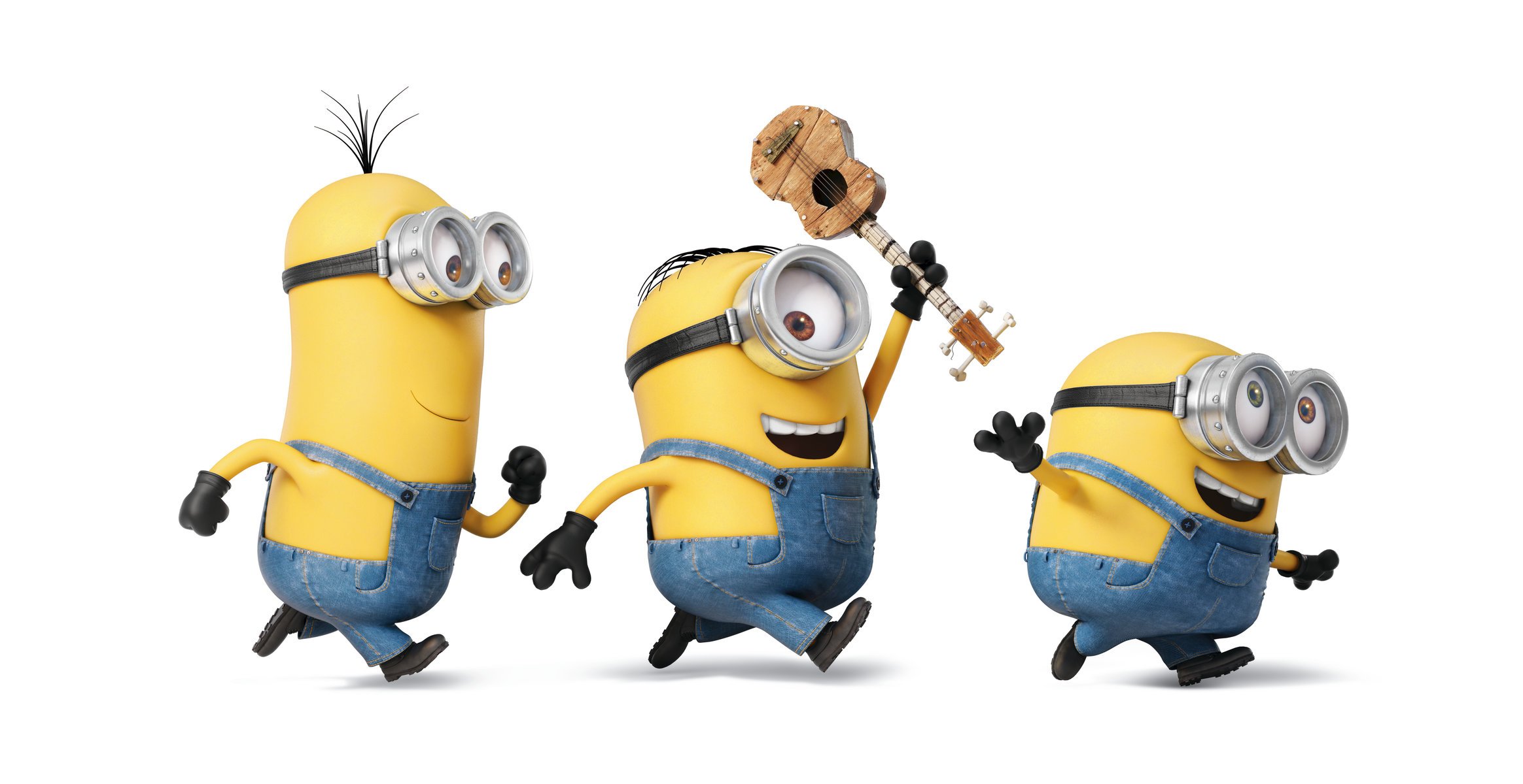 minions dibujos animados personajes tres amarillo gafas guantes monos guitarra correr alegría estado de ánimo fondo blanco