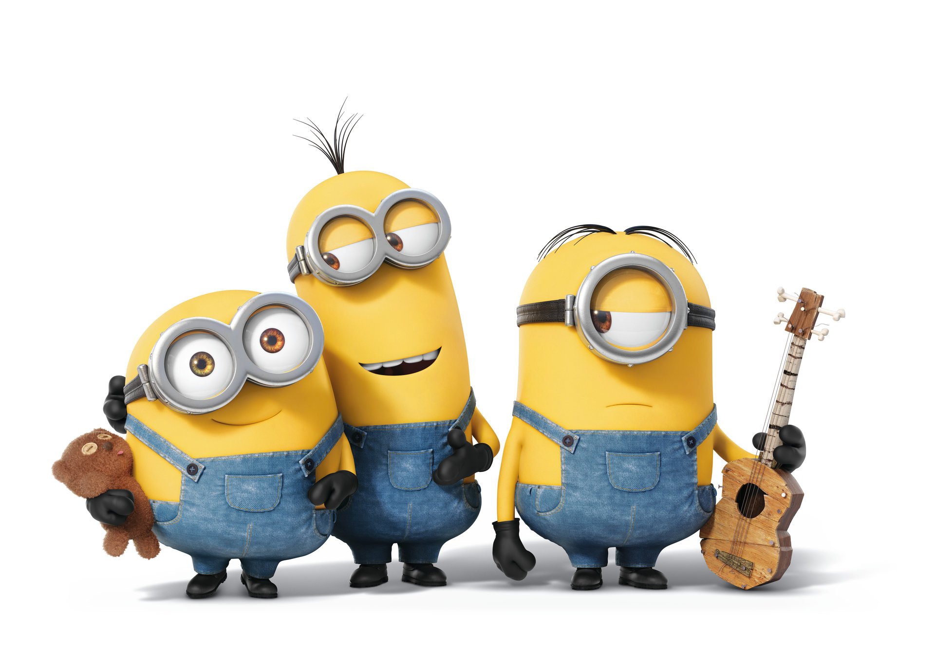 minions dessin animé trois jaune lunettes combinaisons guitare jouet ours en peluche peluche fond blanc