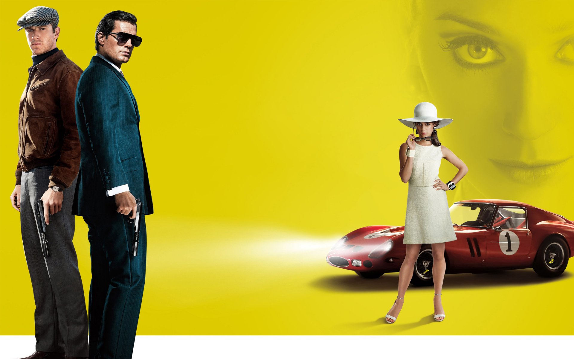 agenti a. n. k. l. uomo da zio henry cavill armie hammer agenti armi pistole alicia vikander vikander in bianco vestito cappello occhiali carriola rosso faro sfondo giallo