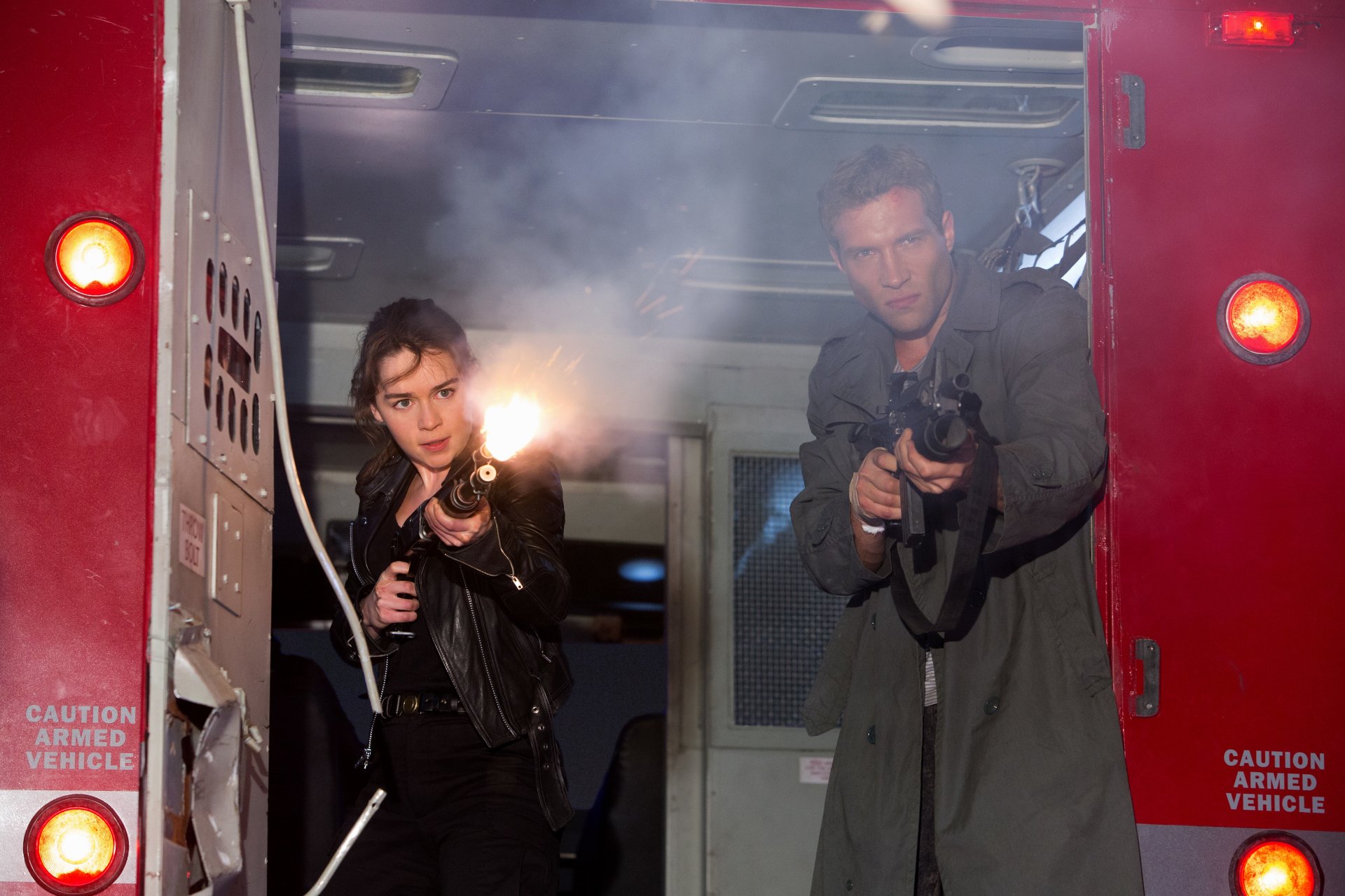 terminator : genesis terminator: genisys fiction emilia clarke sarah connor jai courtney kyle reese shooting weapon machine shotgun shot