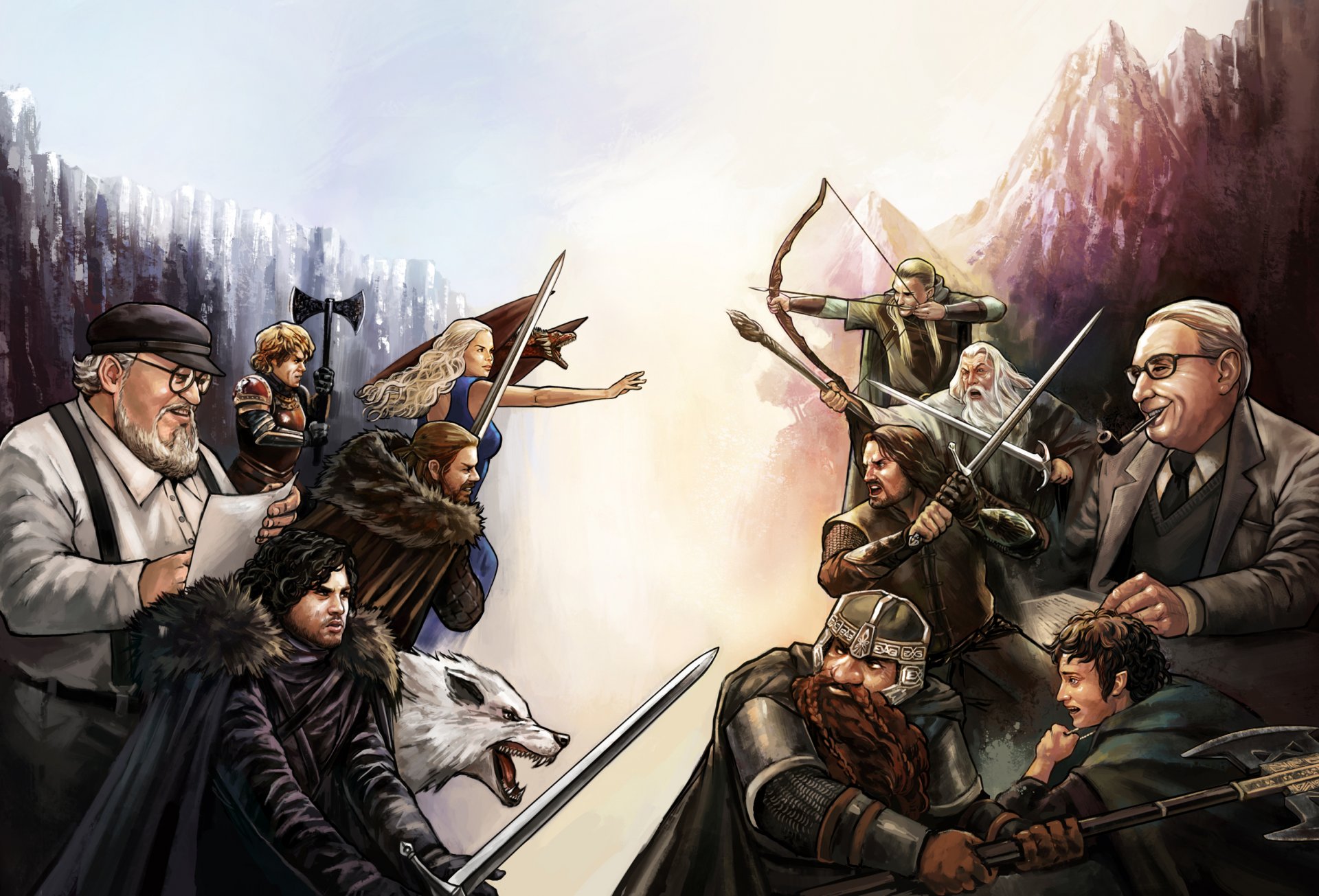 game of thrones daenerys targaryen tyrion lannister jon snow dragon wolf art eddard stark george r. r. martin lord of the rings frodo baggins gandalf aragorn legolas gnome magician elf gimli tolkien