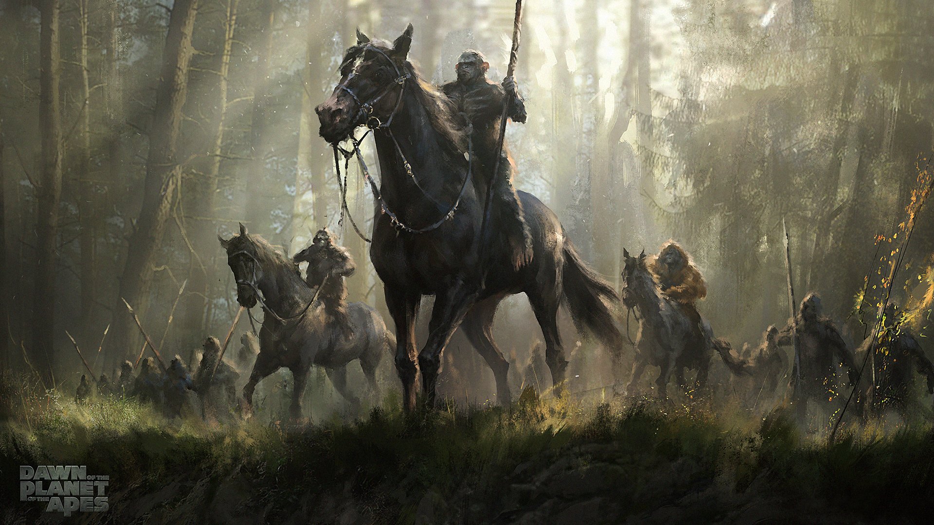 dawn of the planet of the apes planet of the apes: revolution art horse spear forest