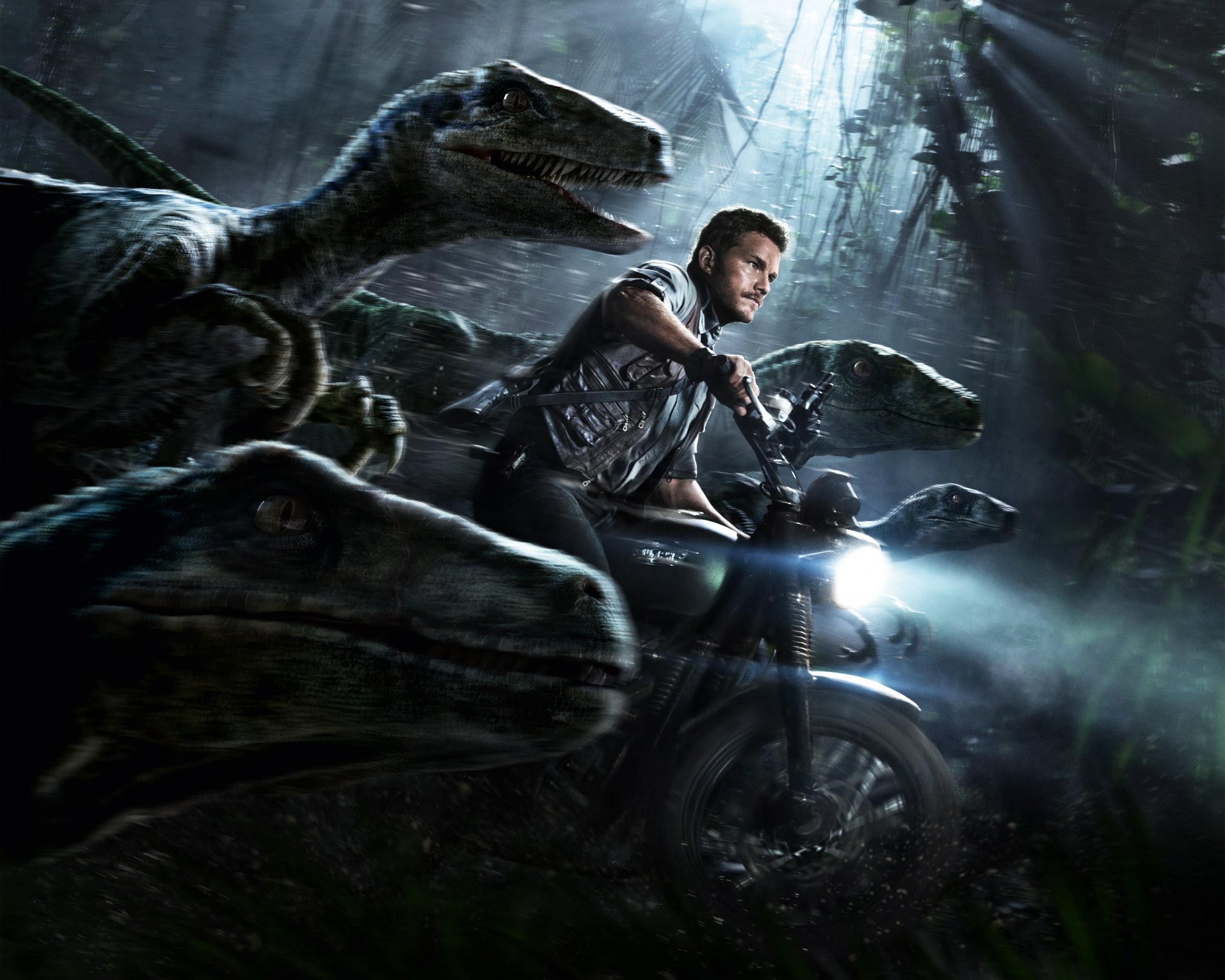 jurassic world film film 2015 chris pratt owen grady legendäre fotografie amblin unterhaltung universal pictures action abenteuer sci-fi thriller wild park natur mensch motorrad waffe automaten pisto