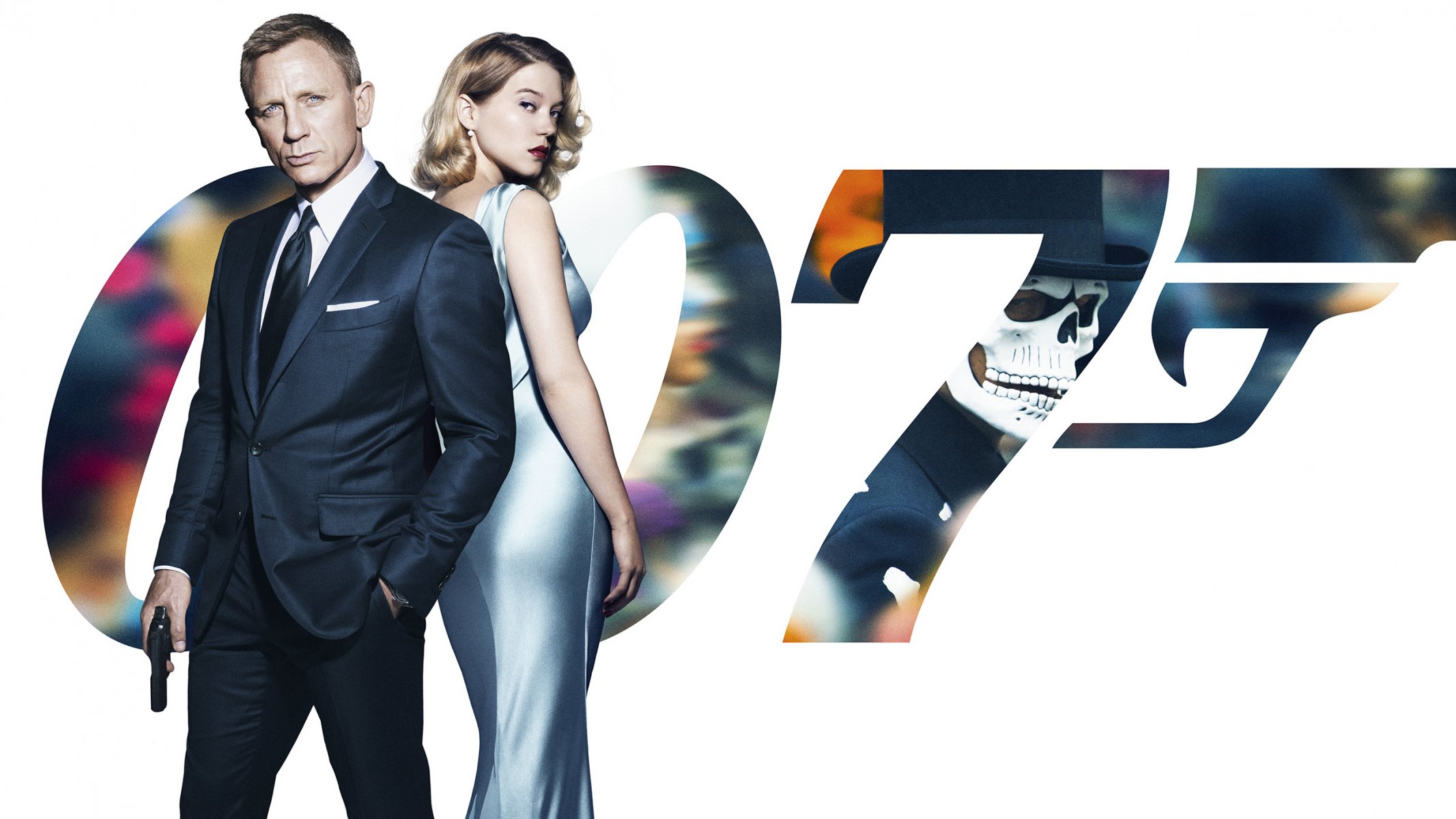 007: spectrum ghost james bond agent daniel craig daniel craig in black suit gun lea seydoux blonde dress madeleine swann background poster