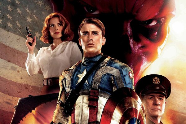 Les héros du film le premier Avenger sur fond de drapeau américain
