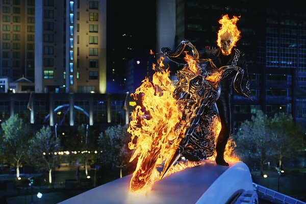 Ghost rider on a motorcycle on fire