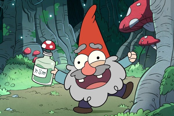 Ein Zwerg aus Gravity Falls im Wald