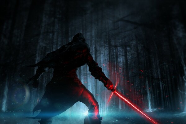 Sith dans la forêt avec un sabre laser rouge