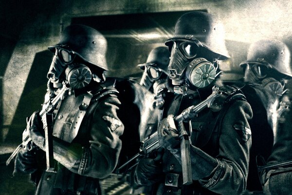 Нацистские солдаты в шлемах, масках и с оружием