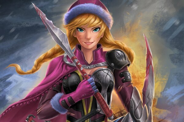 A blue-eyed blonde in a Santa Claus hat, in armor and a pink raincoat demonstrates a bloody cold weapon