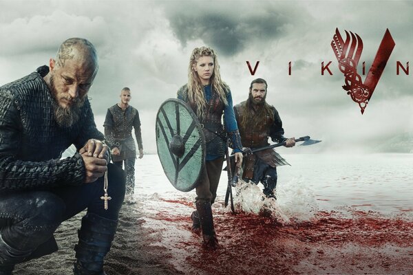 Characters from the TV series Vikings walking on a sea stained with blood
