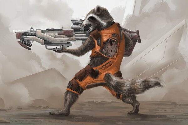 A raccoon fighter with a gun in his paws in an orange jumpsuit