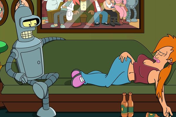 Der Roboter sitzt auf der Couch, während das rothaarige Mädchen mit geschlossenen Augen auf der Couch liegt