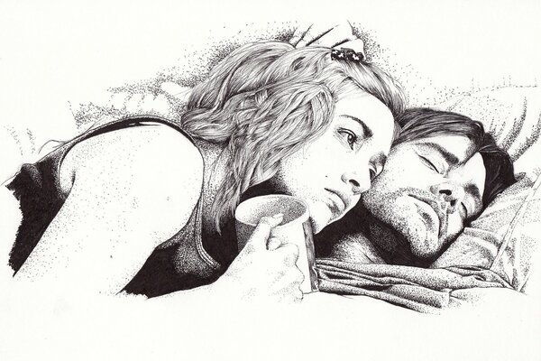 Dessin au crayon d un homme couché sur un oreiller et une jeune fille avec une tasse dans les mains