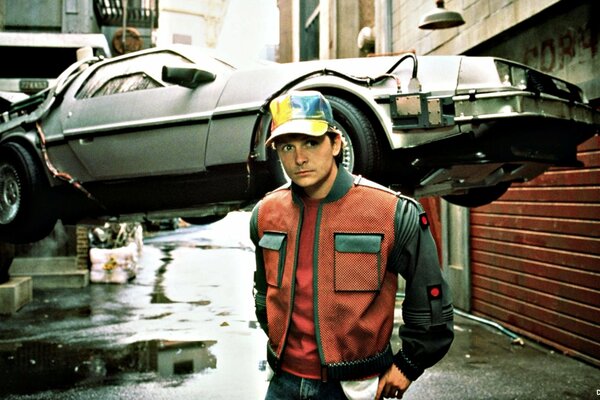 Back to the future McFly on the background of a car