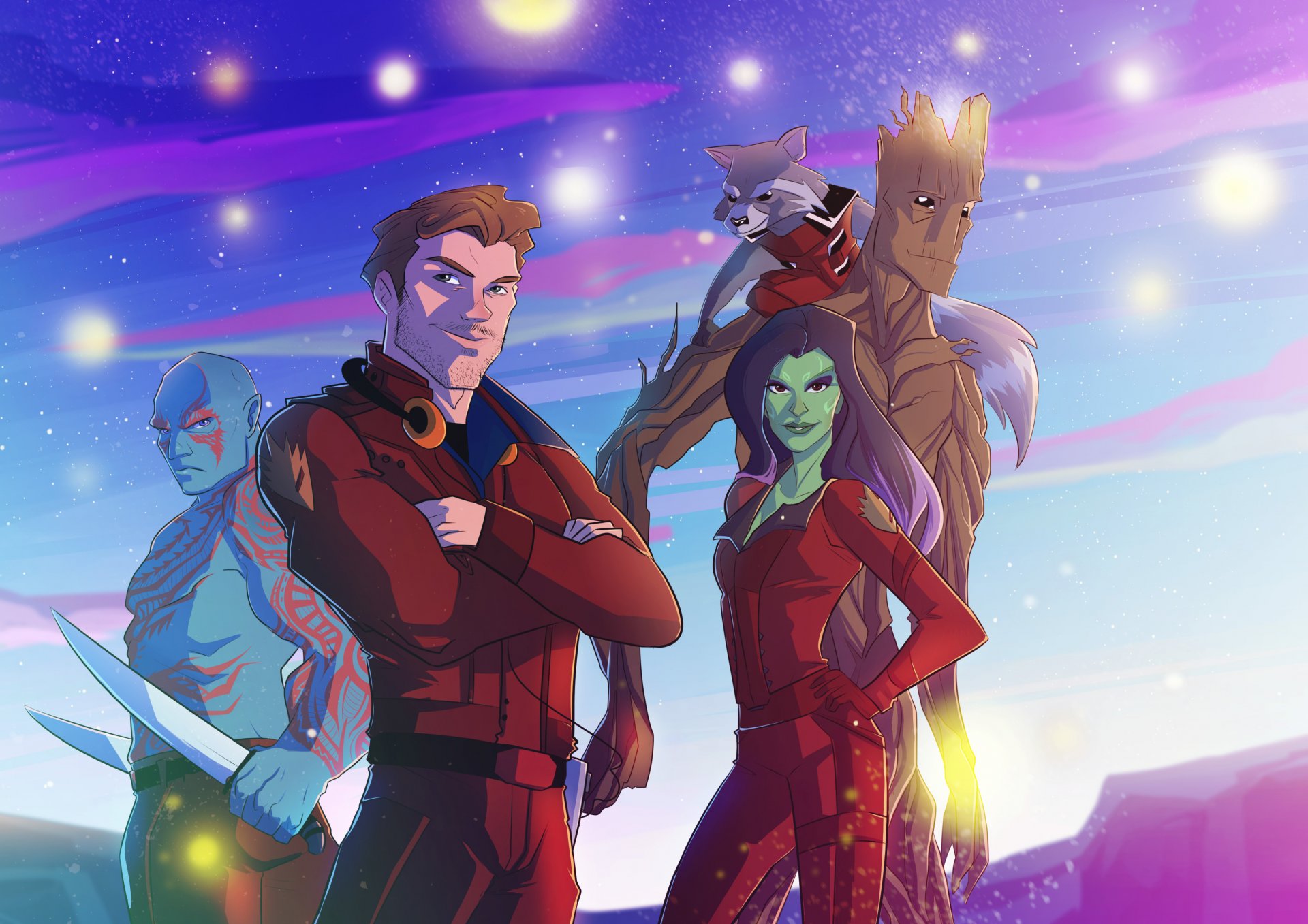 guardianes de la galaxia arte peter quill star-lord gamora brawl groot cohete