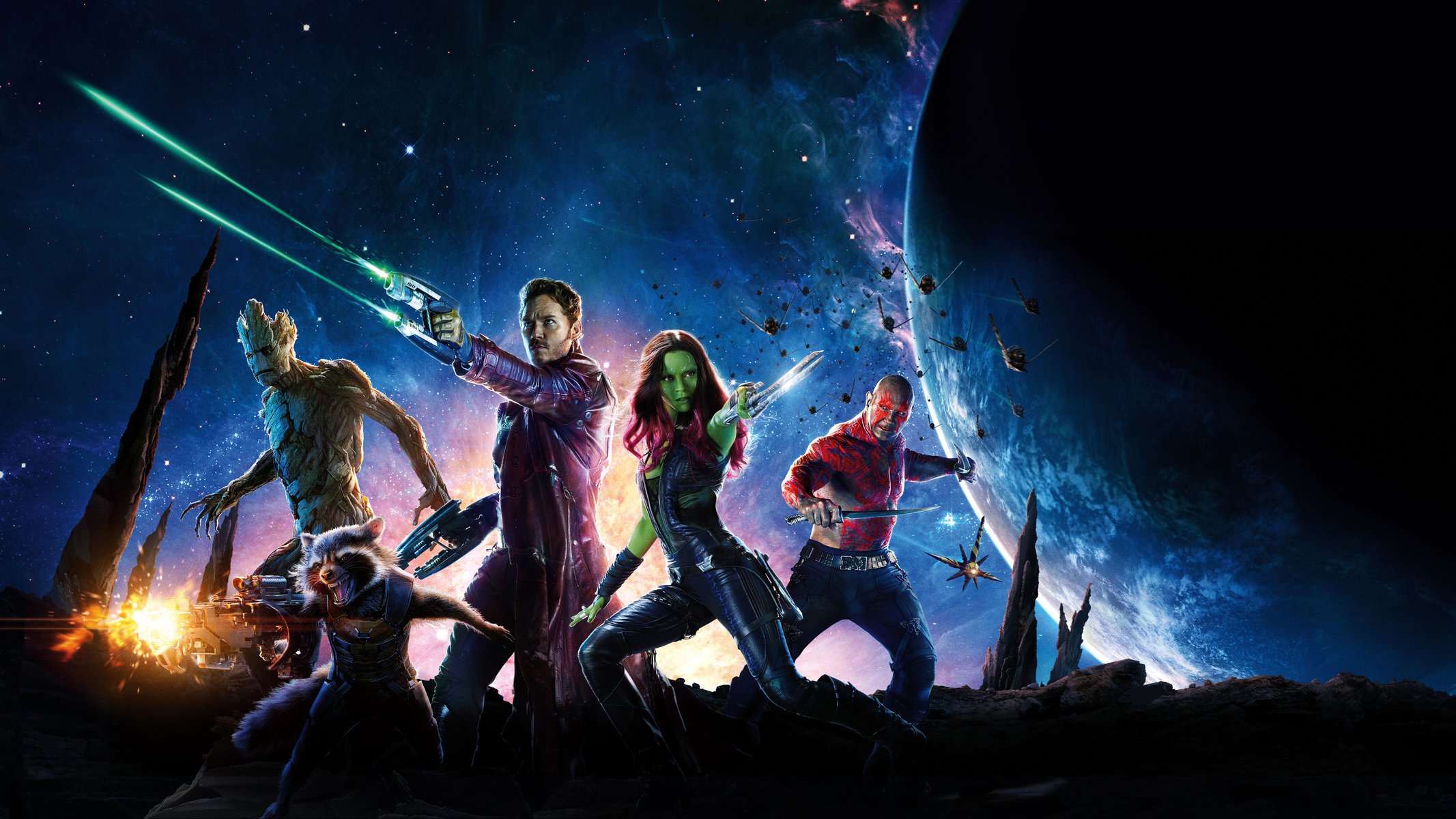 guardians of the galaxy comics fiction gamora groot star lord rocket drake chris pratt chris pratt peter quill zoe saldana dave batista batista cosmos stars planet weapon