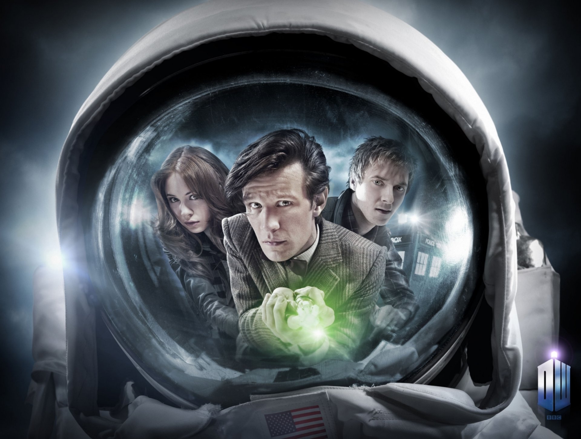 serie de televisión doctor who undécimo doctor matt smith karen gillan amy pond amy pond arthur darville rory williams hombre chica actor actriz mirada caras astronauta reflexión sonido