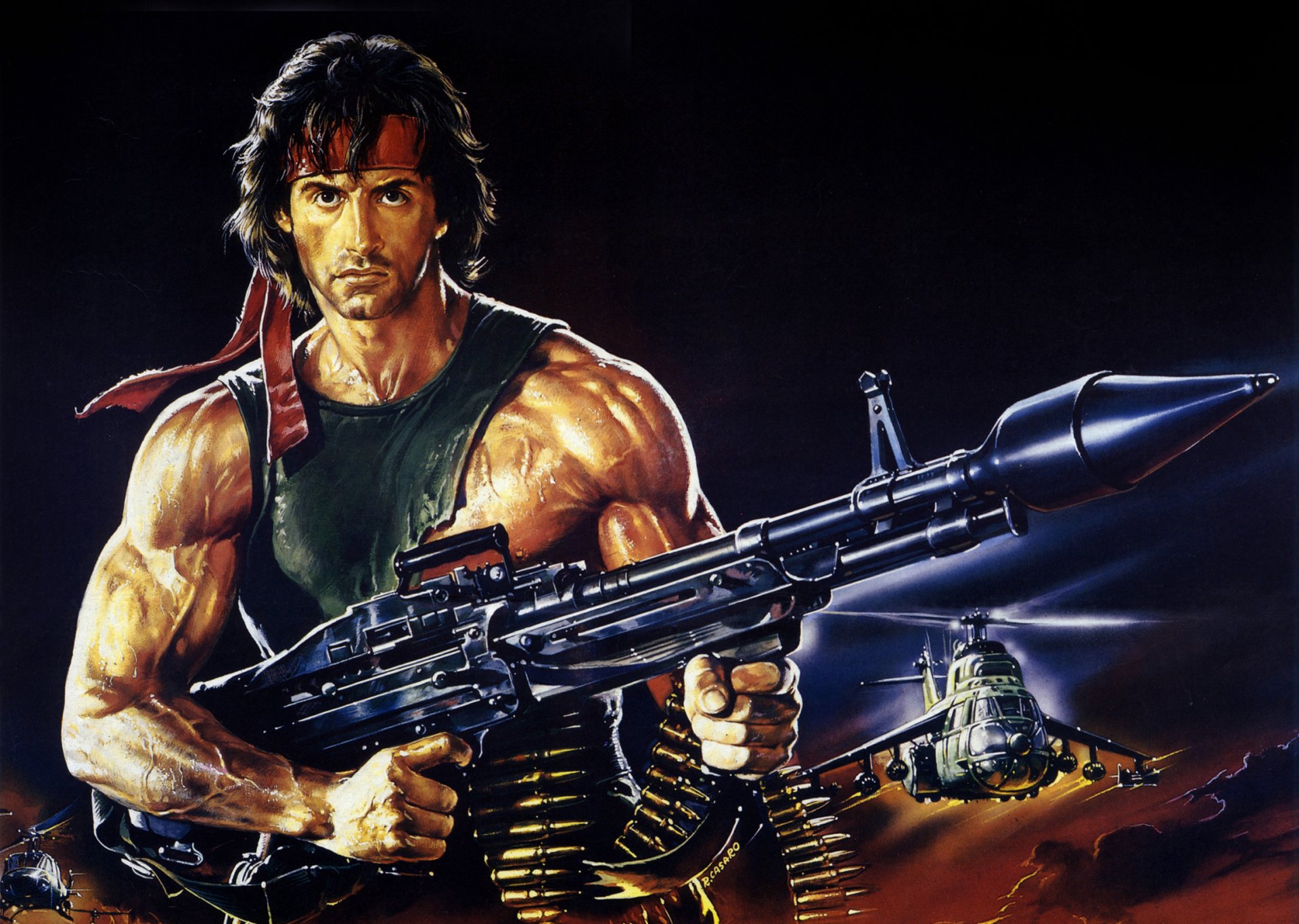 rambo rambo: first blood part 2 rambo: first blood part ii sylvester stallone poster weapon cartridges bandage helicopters art picture