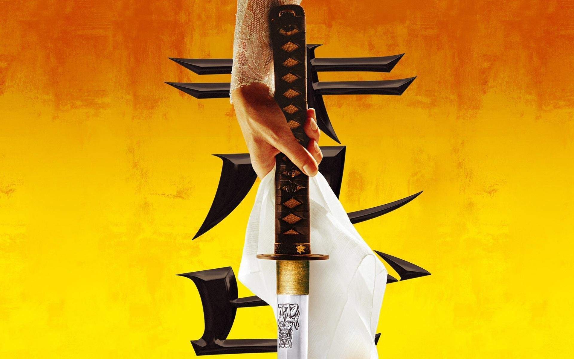 kill bill film hand sword katana scarf hieroglyph background