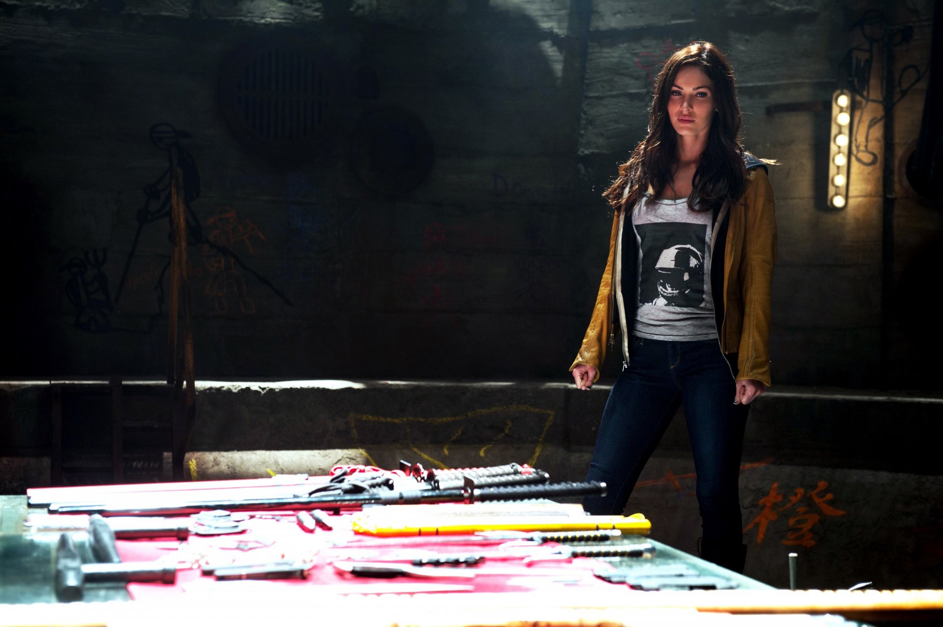 teenage mutant ninja turtles megan fox brunette jeans table swords weapon katana