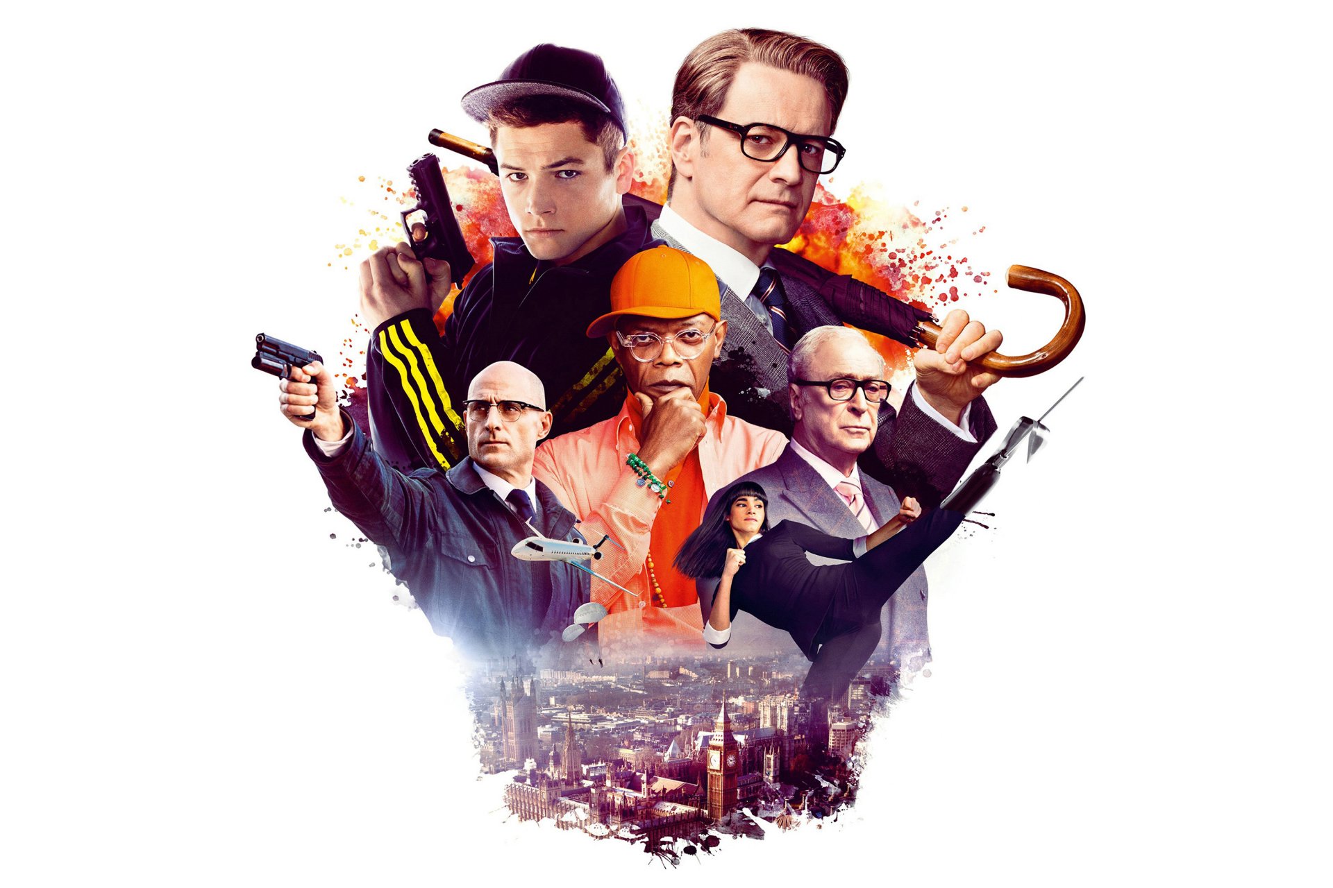 kingsman: service secret service secret colin firth colin firth agent samuel l. jackson michael kane mark strong sophia butella taron edgerton taron egerton affiche fond blanc casquette parapluie