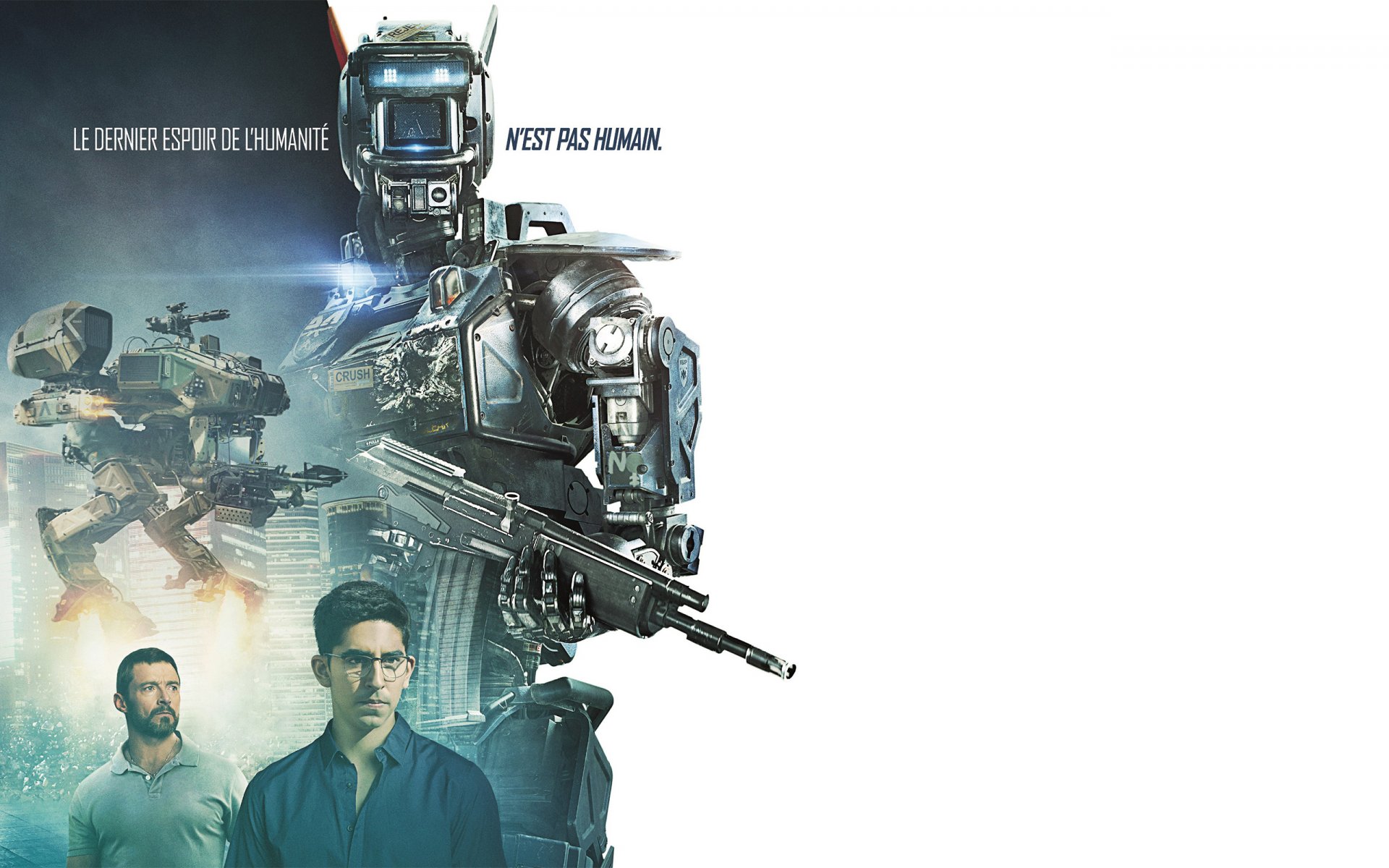 roboter namens chappie junge poster roboter waffe charlotte copley dev patel hugh jackman weißer hintergrund