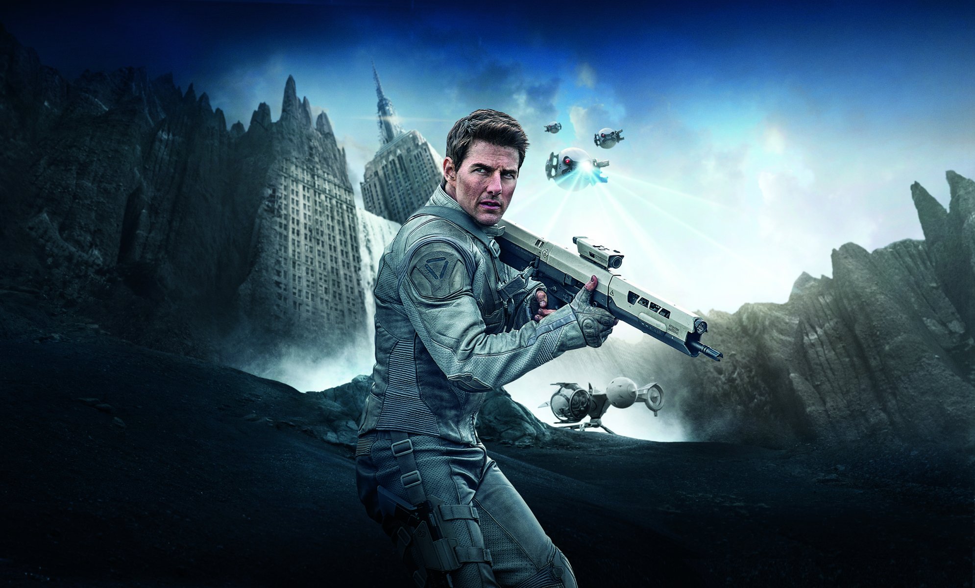 oblio film film 2013 tom cruise nido universal pictures relativity media moderno arma volare robot uomini uomo bianco forma armatura aereo designare roccia edificio grattacielo cielo nuvola cascata acqua