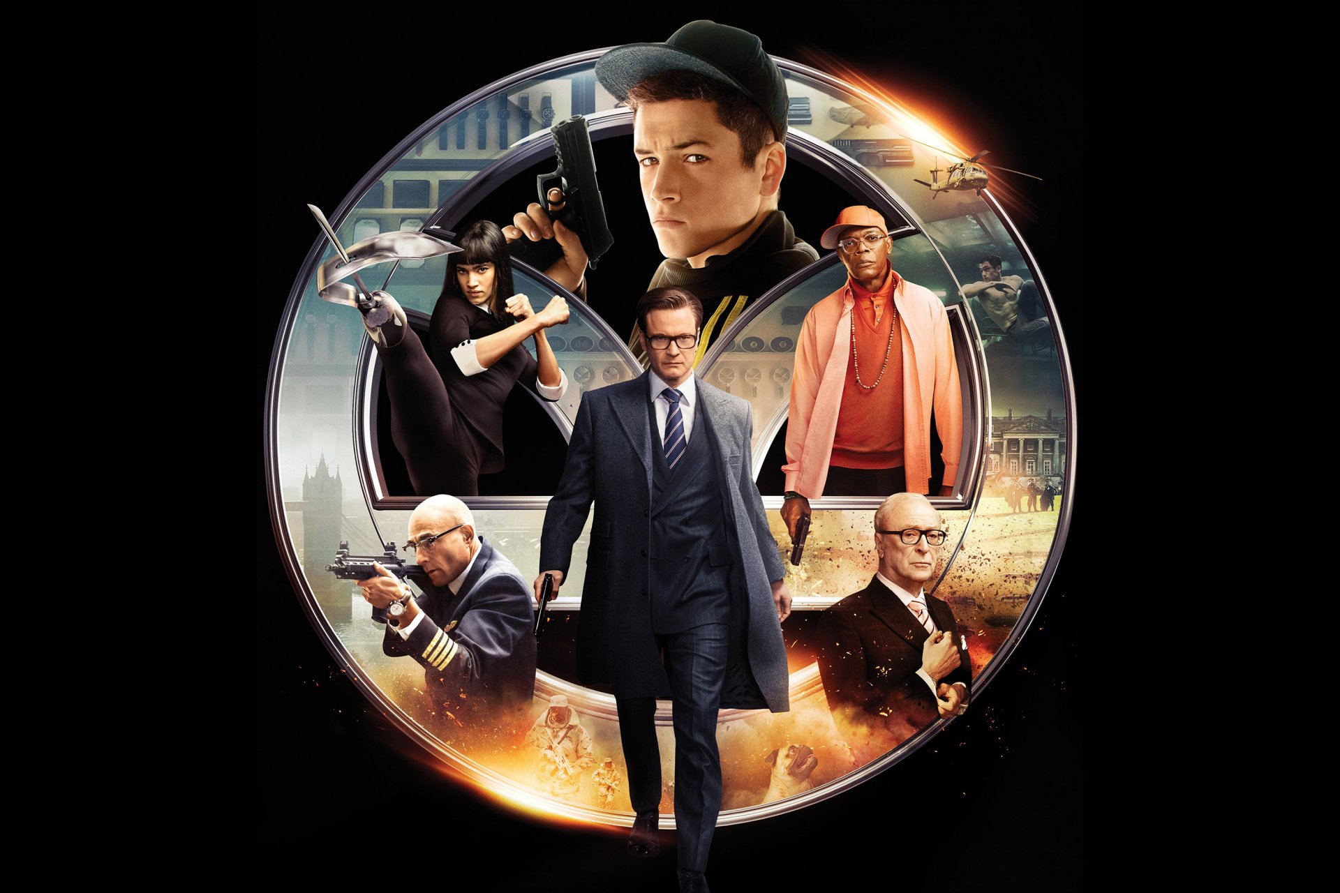 kingsman: service secret service secret colin firth colin firth agent samuel l. jackson michael kane mark strong sophia butella taron edgerton taron egerton affiche fond noir costume or