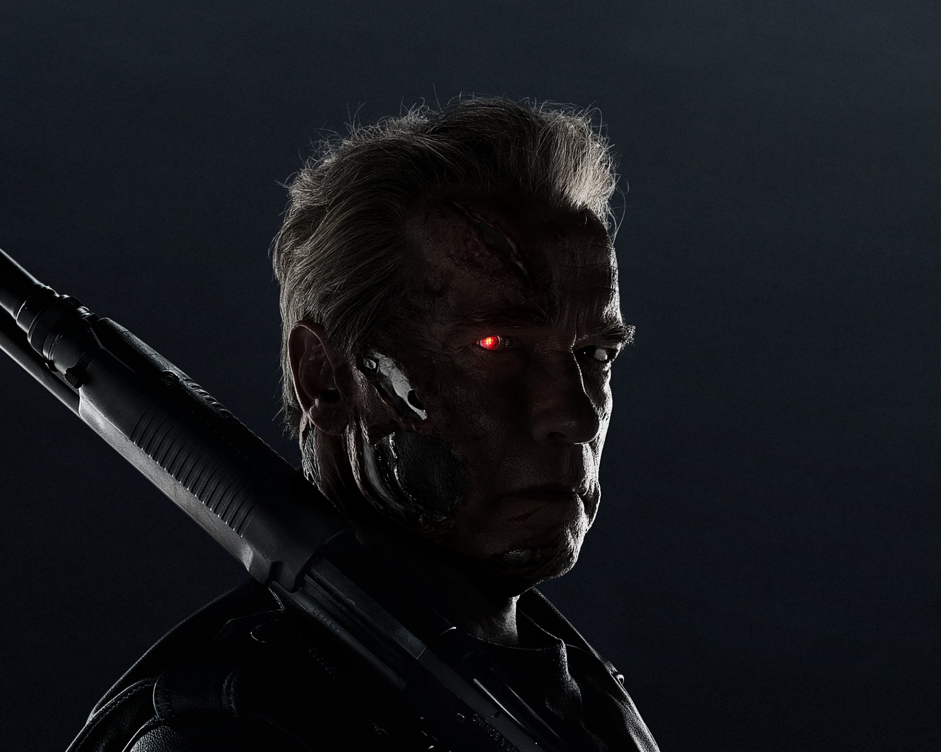 terminator genisys terminator 5 movie film 2015 arnold schwarzenegger action adventure sci-fi thriller robot gun weapon danger face red eyes eye darkness hd wallpaper