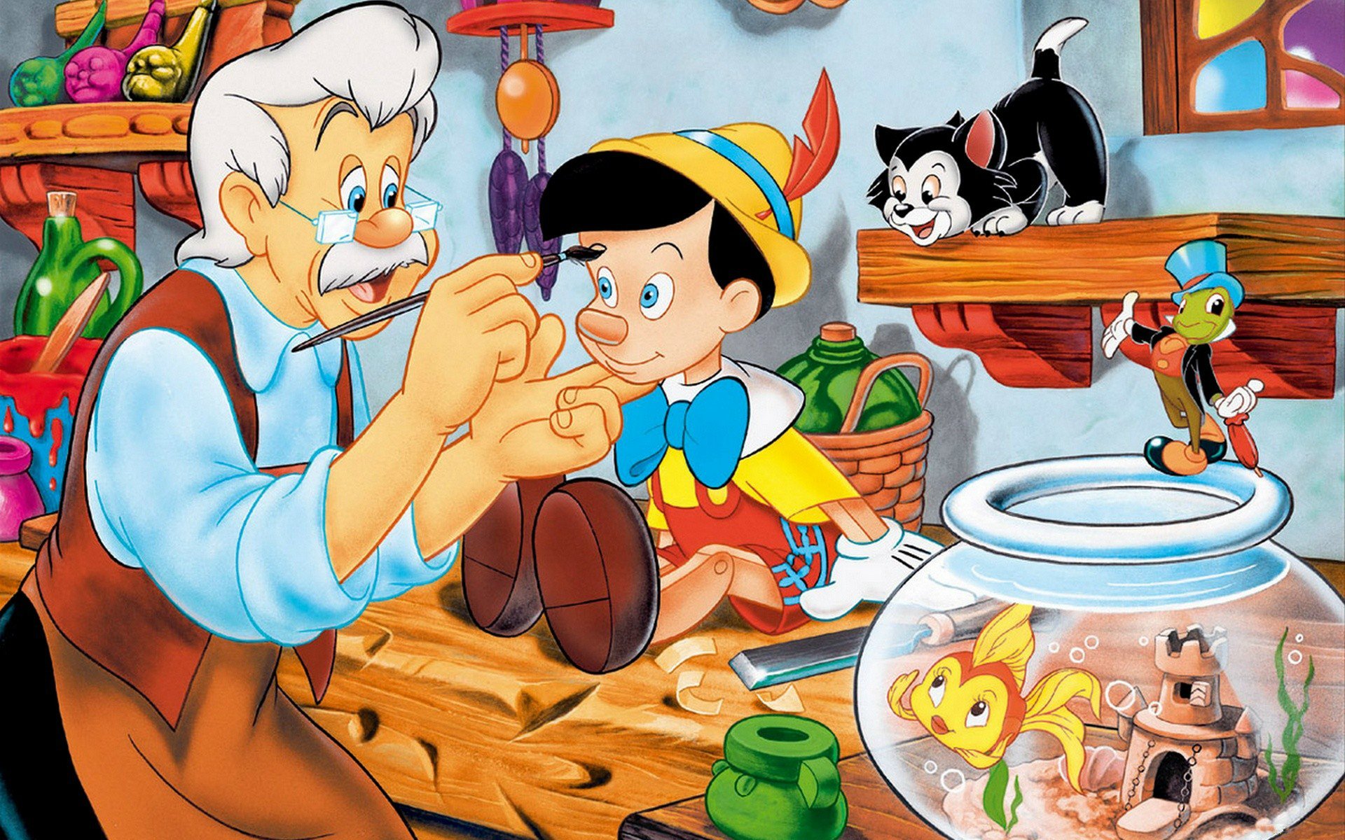 pinocchio tischler antonio meister kirsche grillen kätzchen aquarium fisch brille pinsel