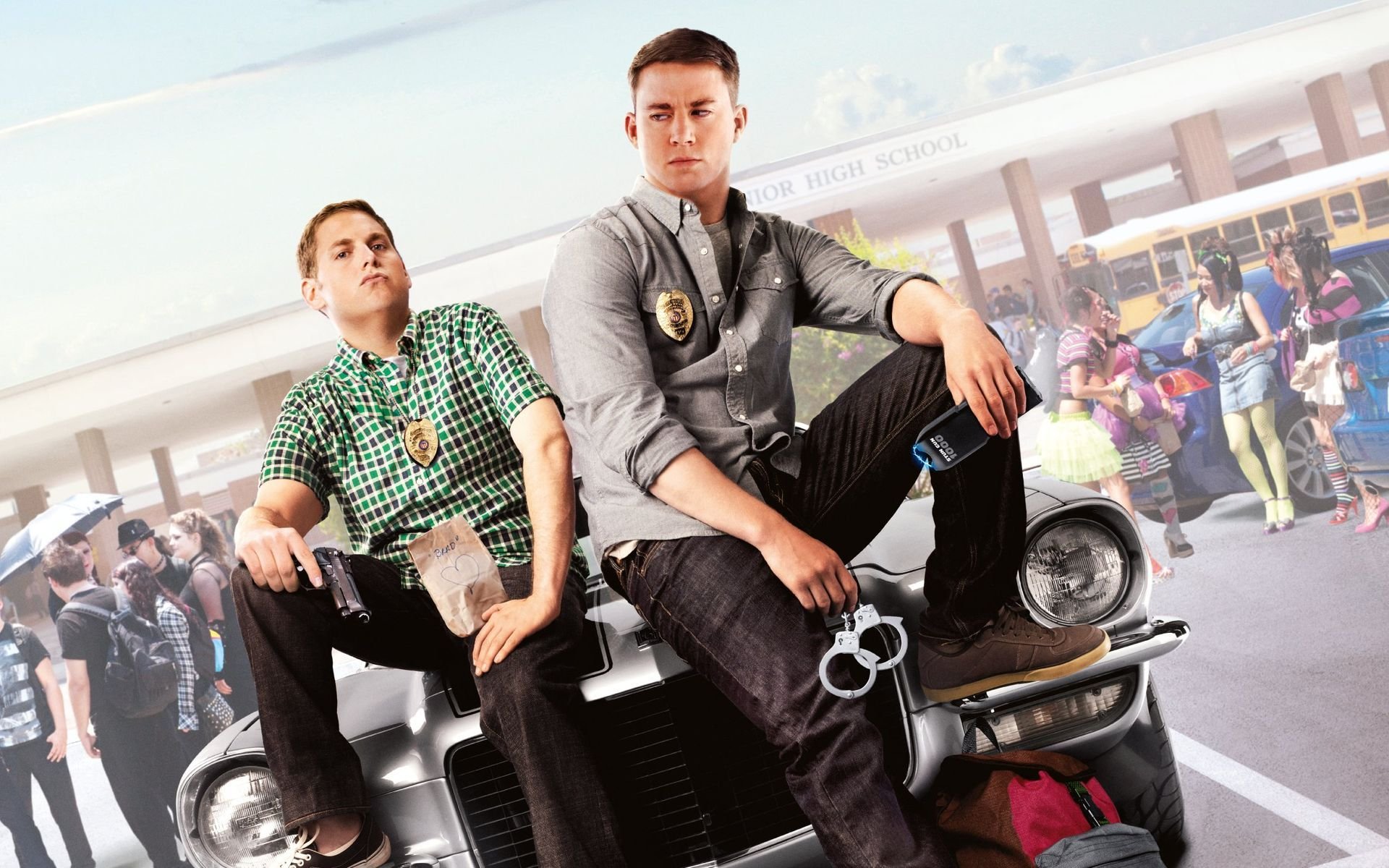 macho and nerdy 21 jump street jonah hill channing tatum cops police car icons gun handcuffs shocker collage