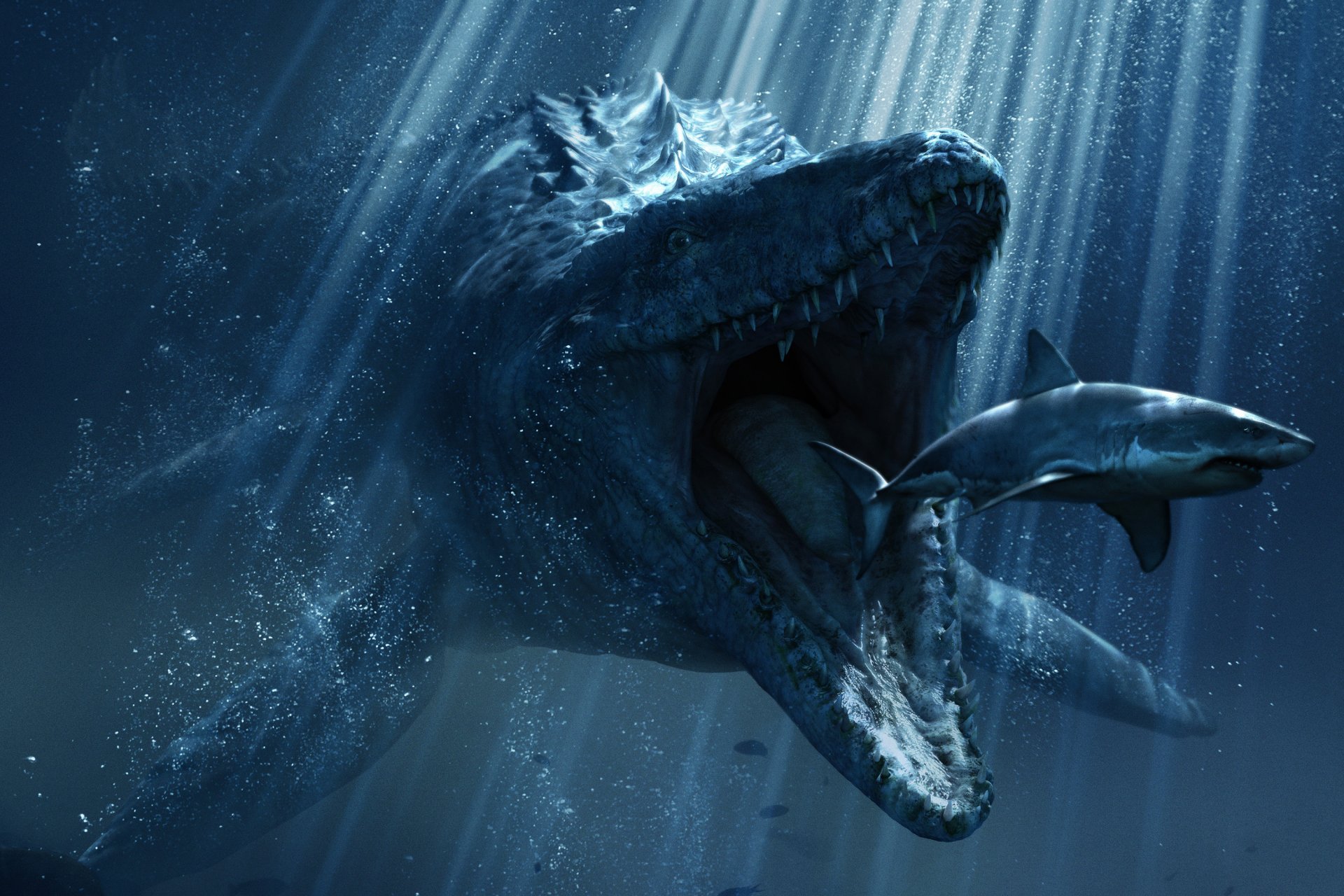 jurassic world jurassic world unter wasser reptil maul zähne hai lichtstrahlen