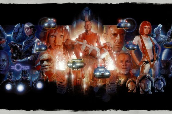 Photo collage from the movie The Fifth Element with the main characters.