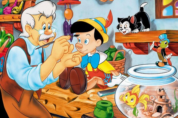 Cartoon Pinocchio , carpenter Antonio, fish in the aquarium