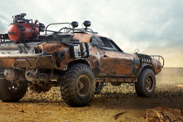 Mad Max geladenes Auto in der Wüste