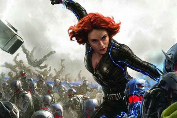 Scarlett Johansson in a fight with robots in the Avengers movie