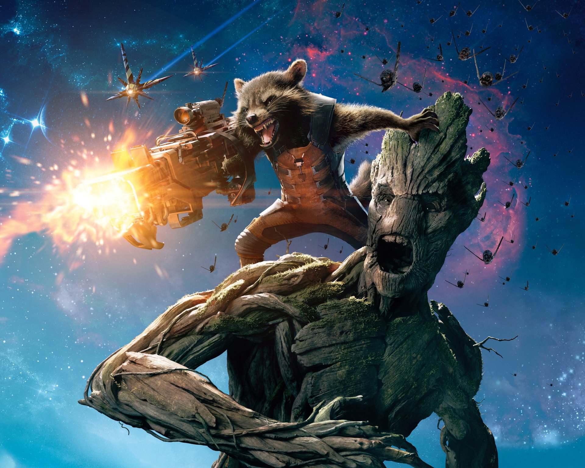 guardiani della galassia film film groot razzo procione marvel eroi eroe laser barbari combattenti uomo di legno viso occhi situazione armi spazio cielo nuvole aerei battaglia pianeta corazzata hd sfondi