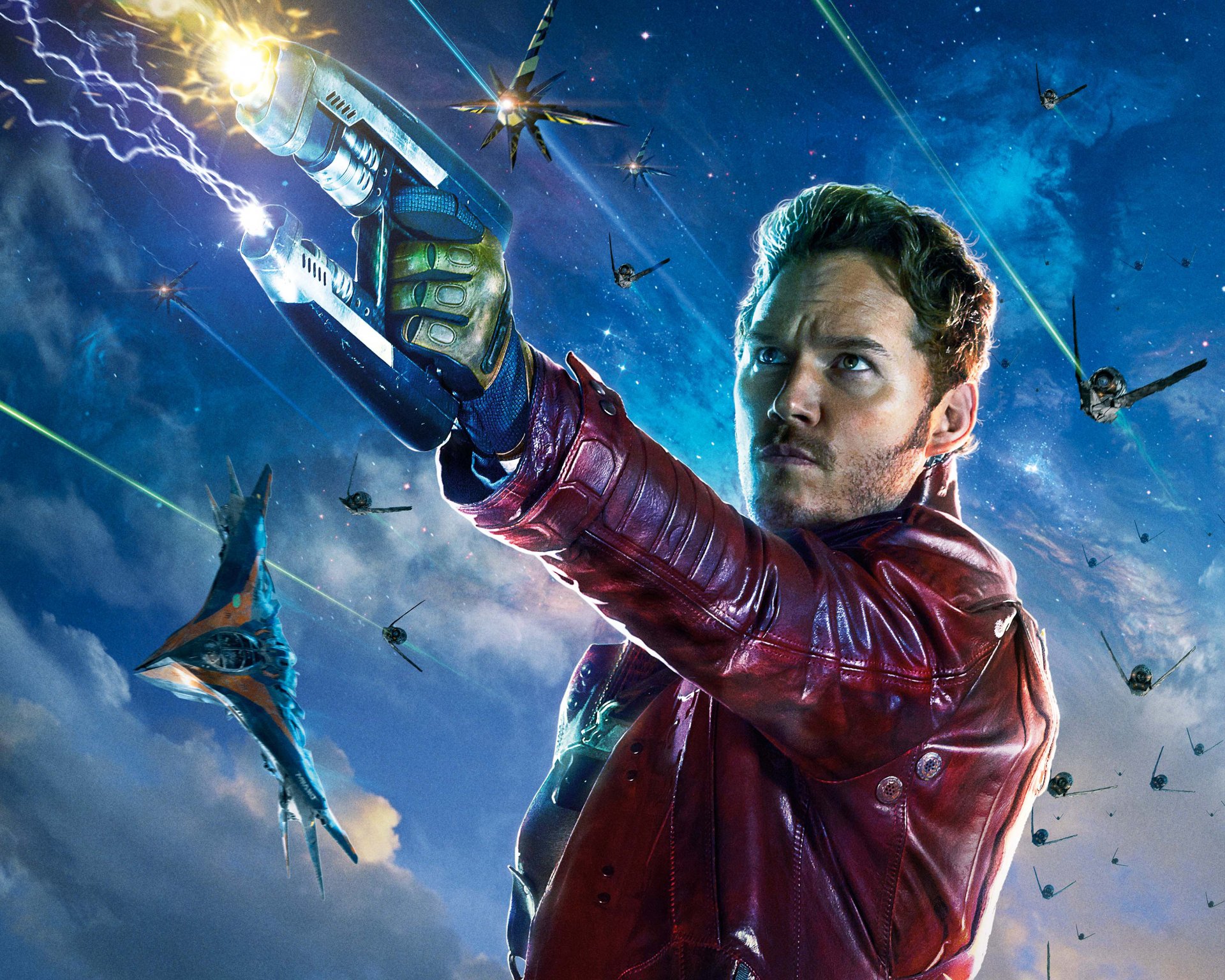 guardians of the galaxy movie movie 2014 chris pratt peter quill star lord marvel heroes hero laser barbarians fighters man situation weapons pistols space sky clouds planes battle planet battleship hd wallpaper