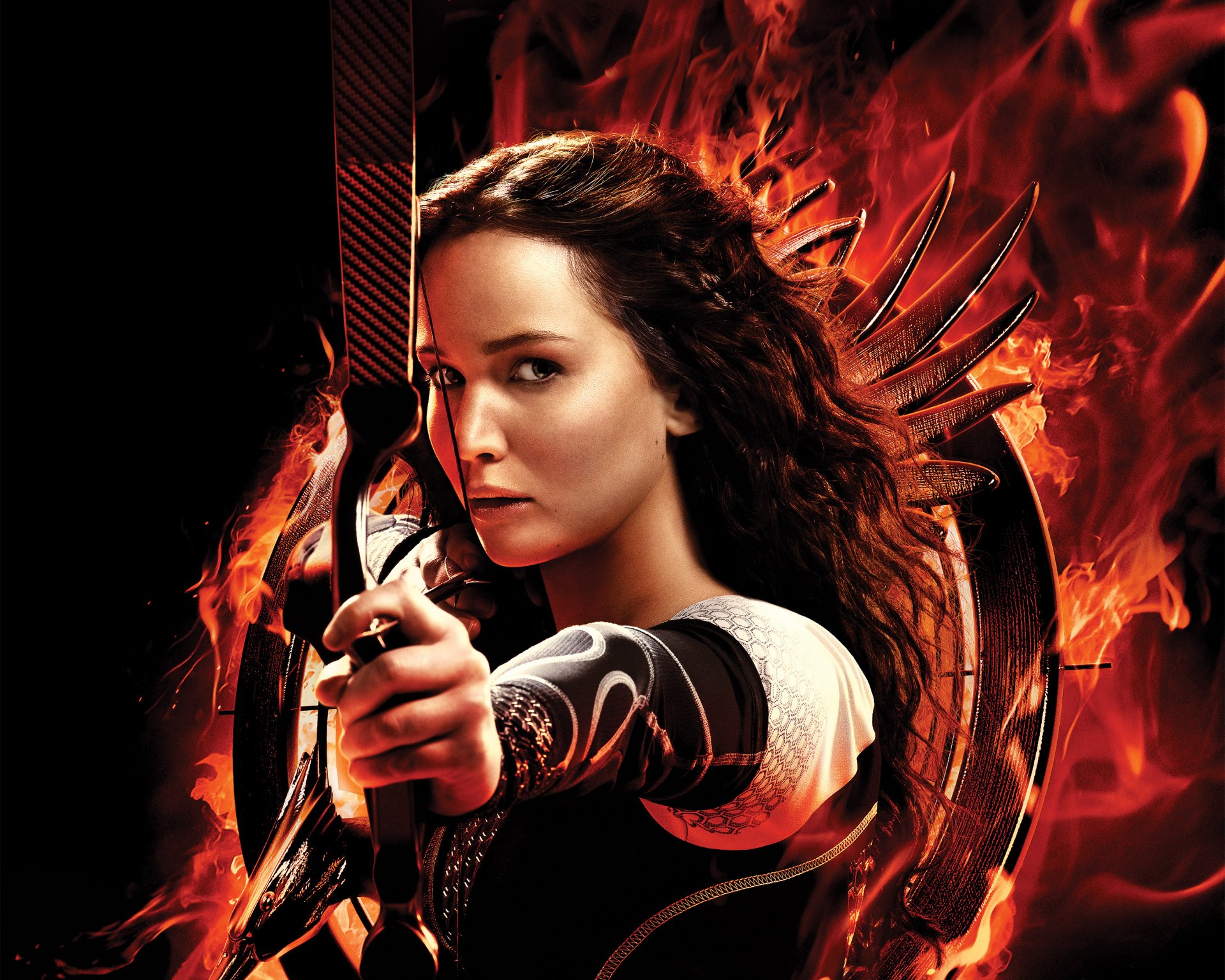 hunger games flammen ausbrechen hunger games 2 2013 kino filme film action abenteuer sci-fi thriller fantasy jennifer lawrence katniss everdeen lionsgate frau mädchen schwarz hintergrund substantiv rock bogen pfeil waffe