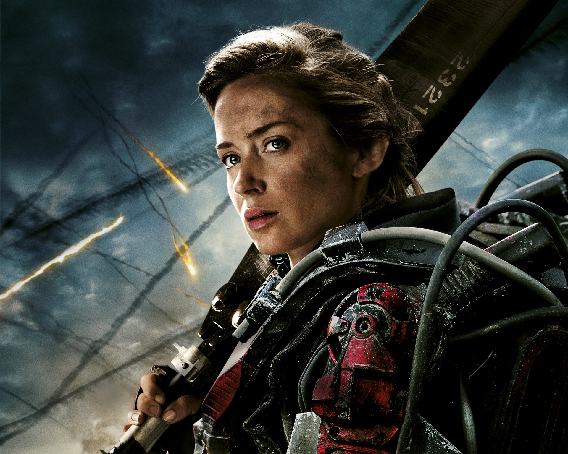 edge of tomorrow eot movie film 2014 emily blunt rita vrataski warner bros. pictures village roadshow pictures action adventure fantasy sci-fi woman girl face armor weapon sword darkness smoke fire bombing sky cloud hd wallpaper