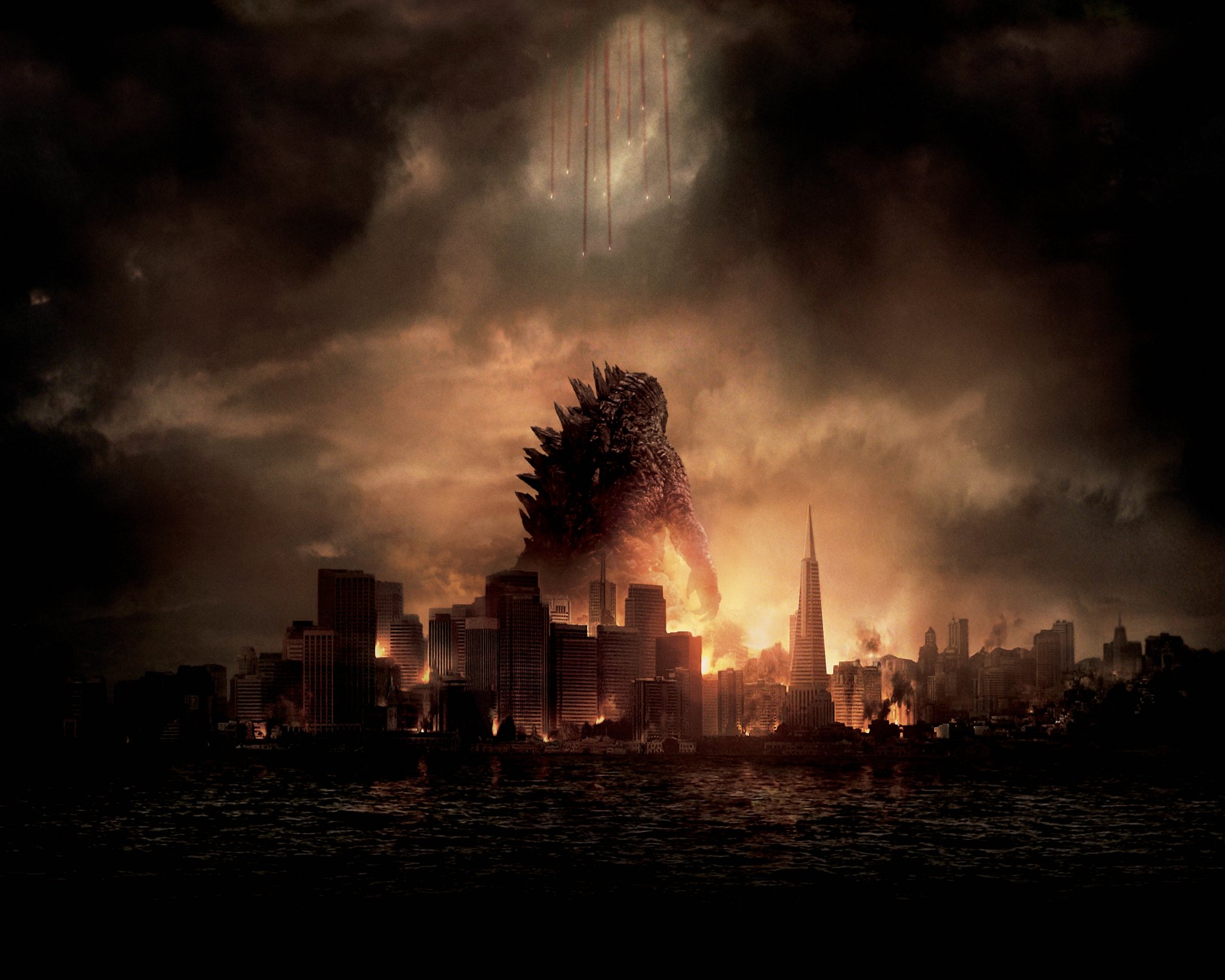 godzilla film 2014 action aventure fantastique science-fiction monstre géant aaron taylor-johnson warner brothers picchers photos légendaires ville eau soldats rouge lignes fumée nuage voler avion sombre feu soleil hd fond d écran