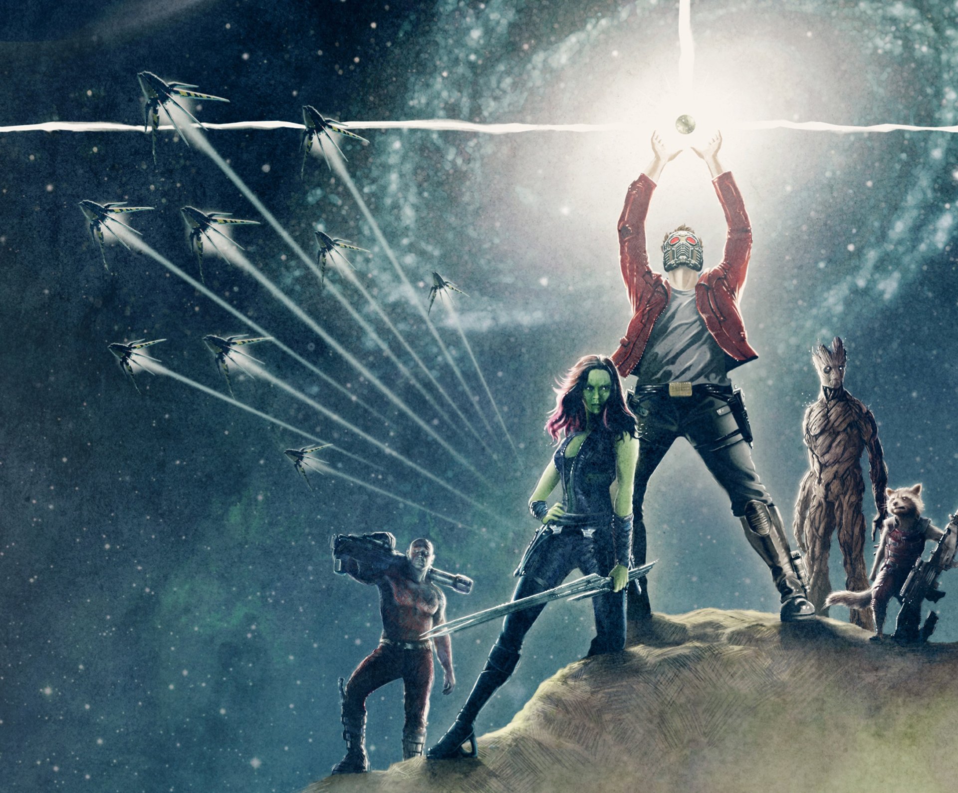 guardianes de la galaxia fan art star-lord gamora drax destructor groot cohete