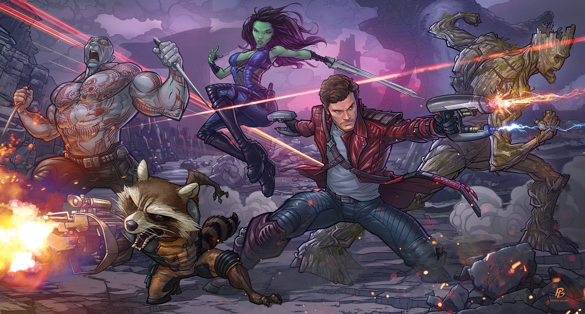 peter quill star lord gamora kunst kampf groot wächter der galaxie patrick brown patrickbrown rakete waschbär comics