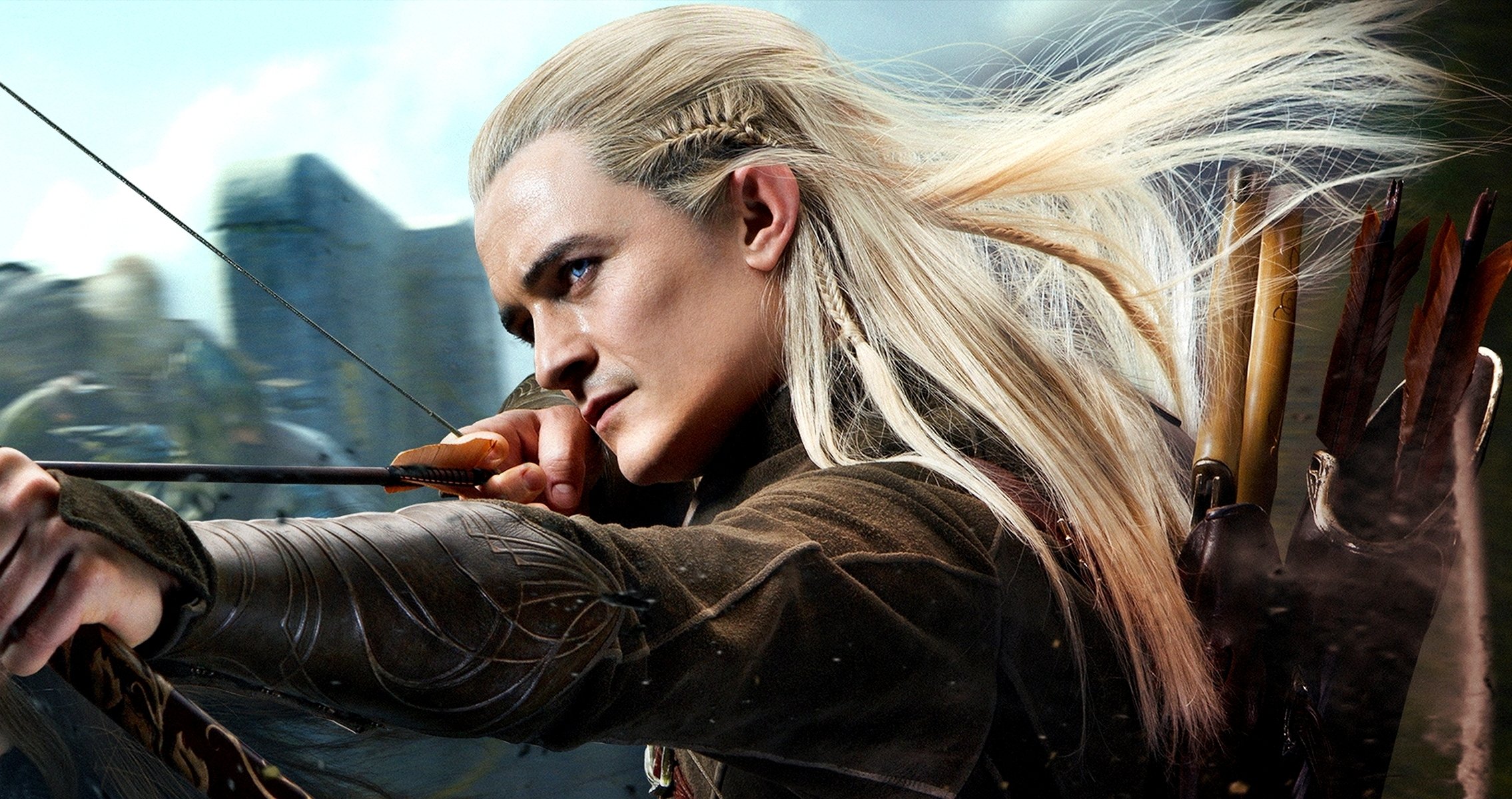 der hobbit oder hin und her der hobbit: smog-ödland orlando bloom elf archer legolas mirkwood oder hin und her der hobbit: smaugs ödland bogenschütze bogen pfeile köcher schuss wald mirkwood licholesien